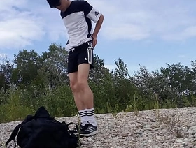 Cute twink Jon Arteen wears black Adidas outfit, shows his underwear, walks freeballing, jerking off throught his short shorts, cumming outdoor korean beast gay porn