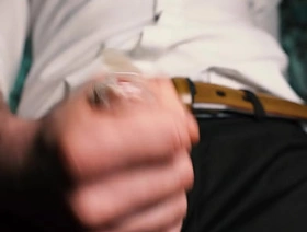 Sexy guy in a accommodate jerks off close-up, moans with admiration and cums in a condom. chinese sleepover gay porn